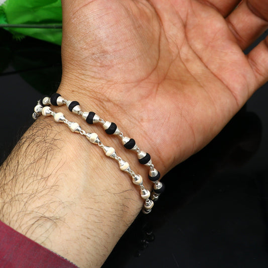 Black and white holy basil rosary plant /tulsi plant wood beaded Sterling silver handmade fabulous 2 line bracelet jewelry India sbr264 - TRIBAL ORNAMENTS