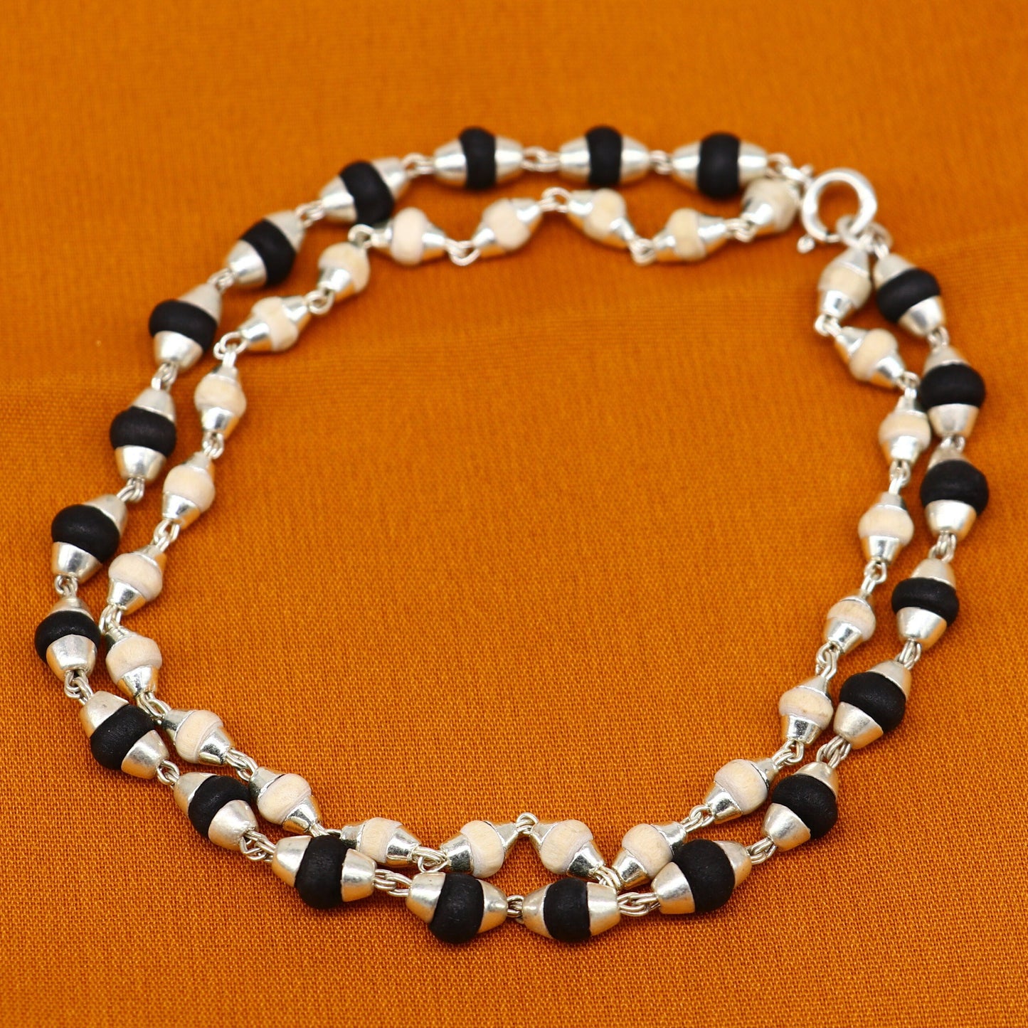 Black and white holy basil rosary plant /tulsi plant wood beaded Sterling silver handmade fabulous 2 line bracelet jewelry India sbr264 - TRIBAL ORNAMENTS