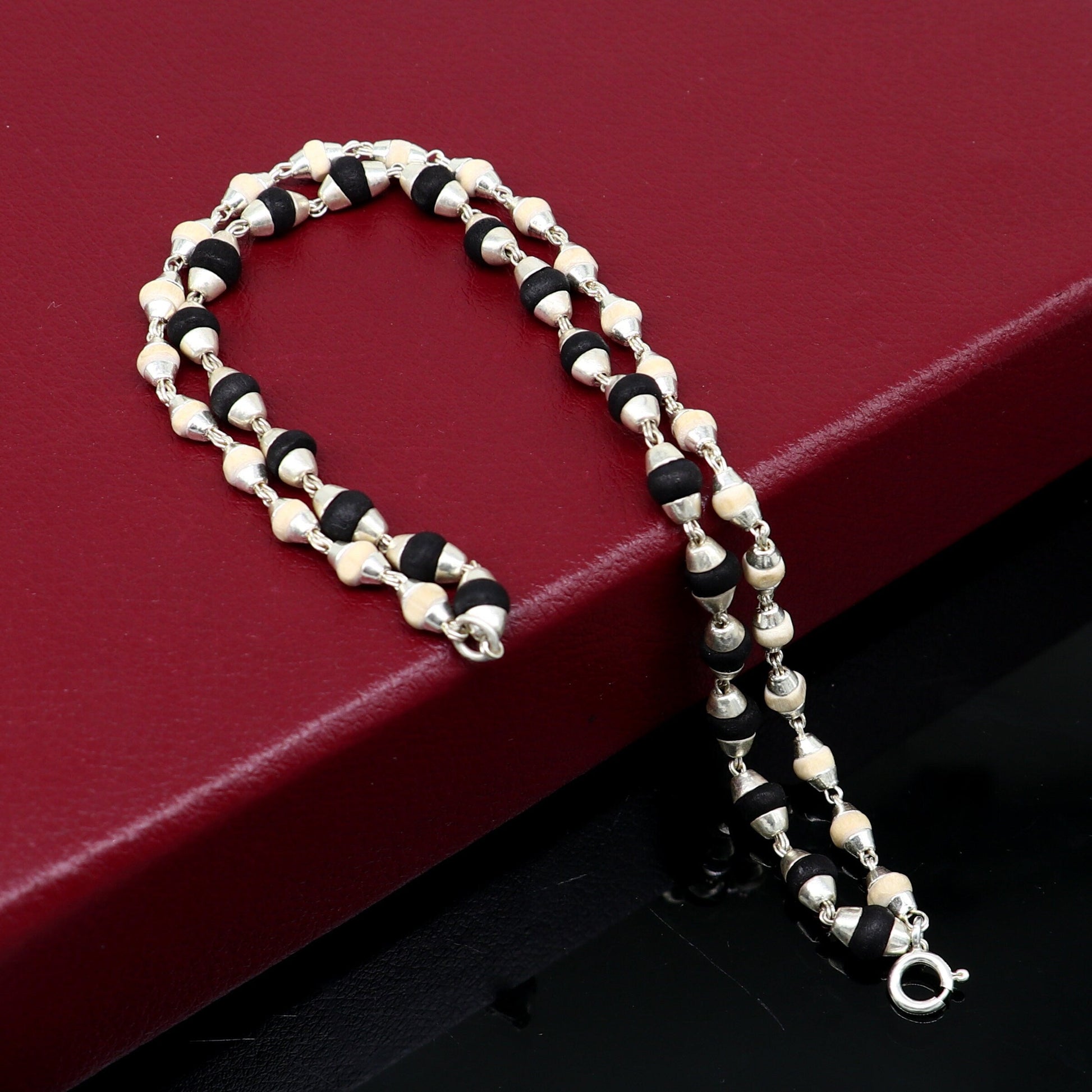 Black and white holy basil rosary plant /tulsi plant wood beaded Sterling silver handmade fabulous 2 line bracelet jewelry India sbr264 - TRIBAL ORNAMENTS