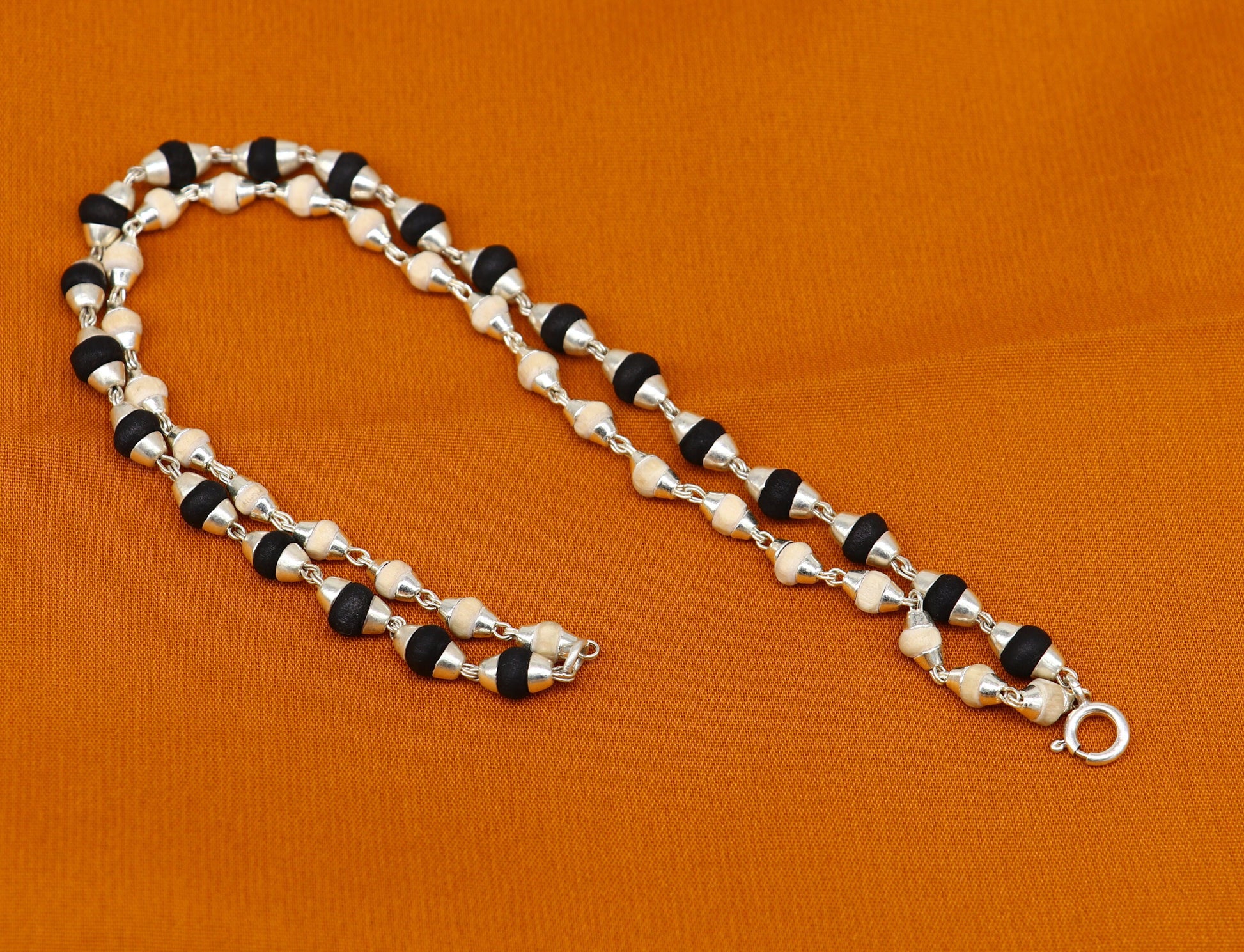 Black and white holy basil rosary plant /tulsi plant wood beaded Sterling silver handmade fabulous 2 line bracelet jewelry India sbr264 - TRIBAL ORNAMENTS