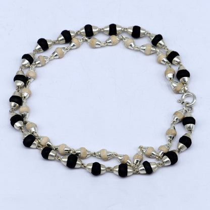Black and white holy basil rosary plant beaded sterling silver bracelet by TRIBAL ORNAMENTS, handmade Indian jewelry.