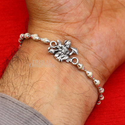 925 sterling silver Hanuman Tulsi beaded bracelet rakhi with black basil and Lord Hanuman motifs, handmade by Tribal Ornaments.