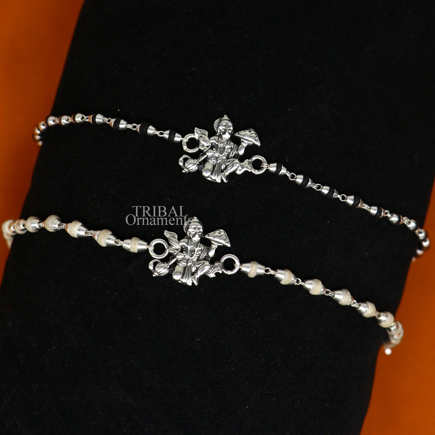 Handmade Lord Hanuman holy basil rosary beads bracelet in 925 sterling silver with black Tulsi beads, crafted by TRIBAL ORNAMENTS.