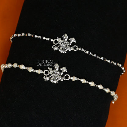 925 sterling silver Hanuman Tulsi beaded bracelet rakhi with black basil and lord Hanuman design, handmade tribal ornament jewelry.