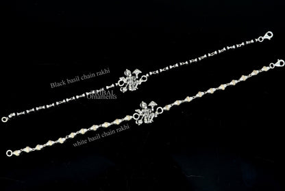 925 sterling silver Hanuman Tulsi beaded bracelet rakhi with black basil and Lord Hanuman motifs, handmade tribal ornament.
