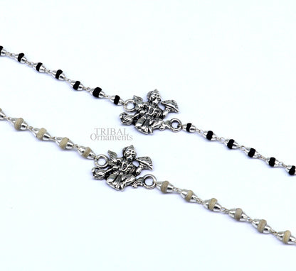 925 sterling silver Hanuman Tulsi beaded bracelet rakhi with black basil beads and intricate handmade design by TRIBAL ORNAMENTS