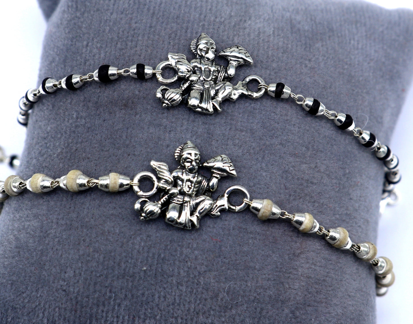 Handmade Lord Hanuman holy basil rosary beads bracelet with 925 sterling silver beads, featuring black Tulsi beads, crafted by TRIBAL ORNAMENTS.