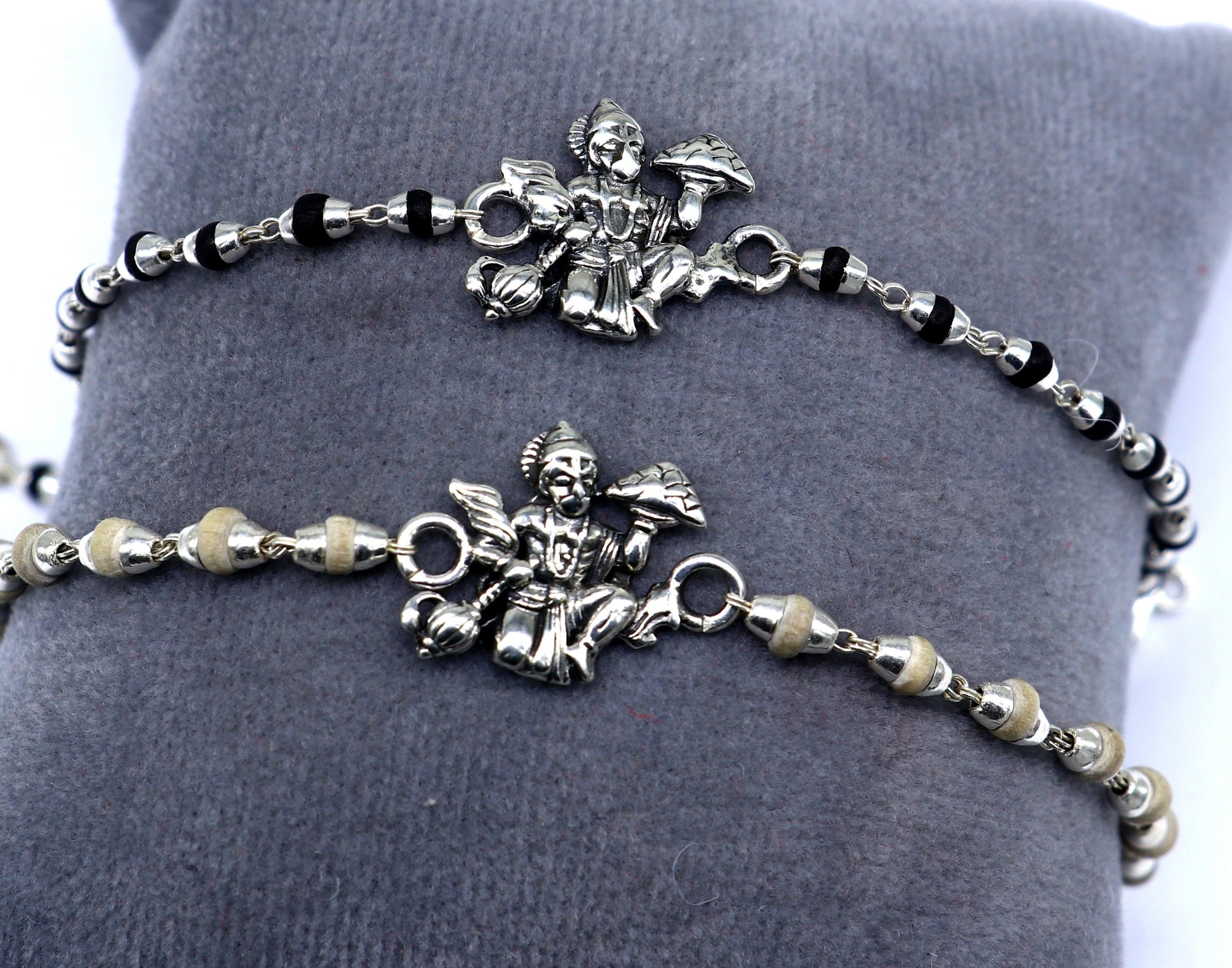 Handmade Lord Hanuman holy basil rosary beads bracelet with 925 sterling silver beads, featuring black Tulsi beads, crafted by TRIBAL ORNAMENTS.
