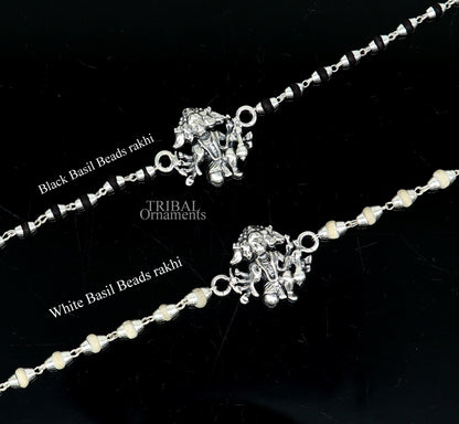 925 sterling silver Panchmukhi Hanuman Tulsi beaded bracelet with black basil prayer beads, handmade Hindu religious jewelry.