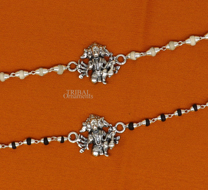 925 sterling silver Panchmukhi Hanuman Tulsi beaded bracelet with black basil beads, handmade Rakhi by TRIBAL ORNAMENTS.