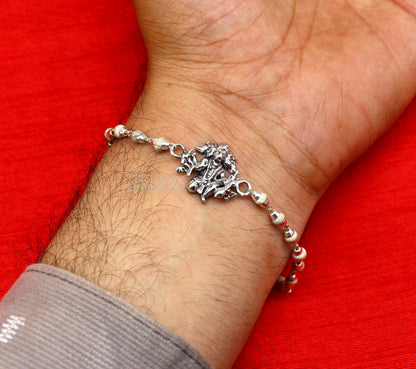 925 sterling silver Panchmukhi Hanuman Tulsi beaded bracelet with black basil beads and handmade design.