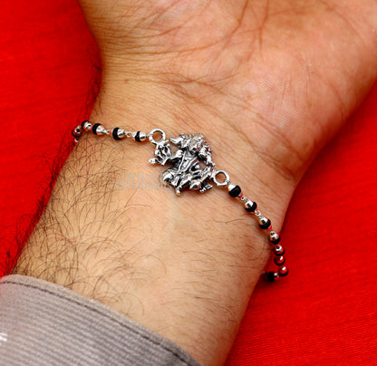 Sterling silver Panchmukhi Hanuman Tulsi beaded bracelet rakhi with black basil beads and handmade design by Tribal Ornaments.