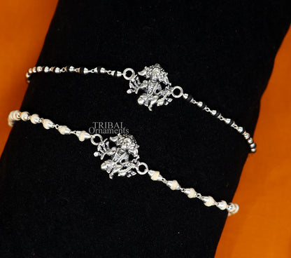 925 sterling silver Panchmukhi Hanuman Tulsi beaded bracelet with black basil and rosary beads, handmade tribal ornament jewelry.