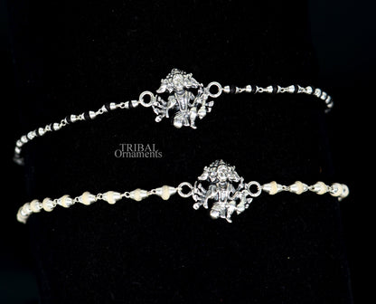 925 sterling silver Panchmukhi Hanuman Tulsi beaded bracelet with black basil beads, handmade Rakhi by TRIBAL ORNAMENTS.