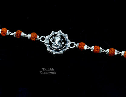 925 sterling silver Lord Ganesha design Rudraksha bracelet with Tulsi and silver beads from TRIBAL ORNAMENTS.