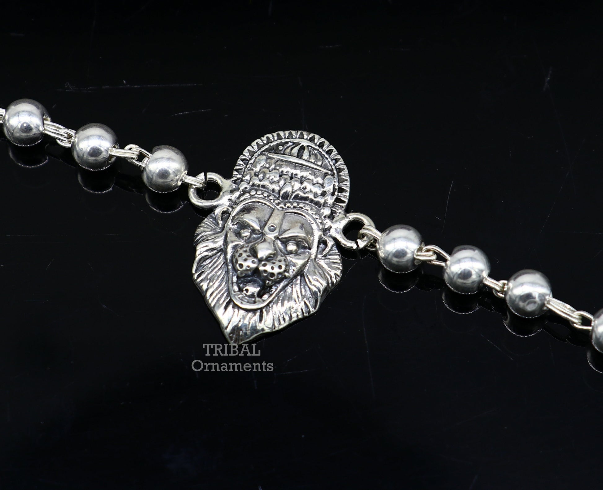 925 sterling silver Lord Narsimha beaded bracelet from TRIBAL ORNAMENTS, featuring divine Narsimha design and handcrafted beads.