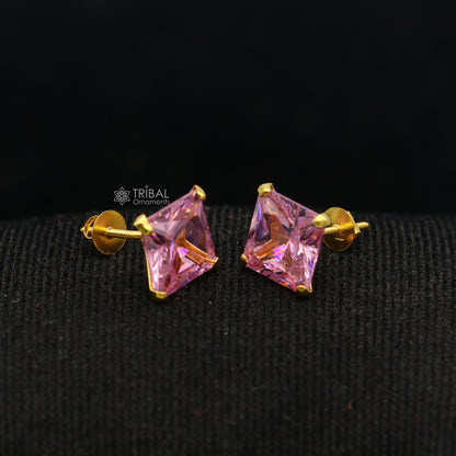 Exclusive 14kt yellow gold handmade single cubic zircon stone square shape stud earring cartilage customized unisex jewelry er180 - TRIBAL ORNAMENTS