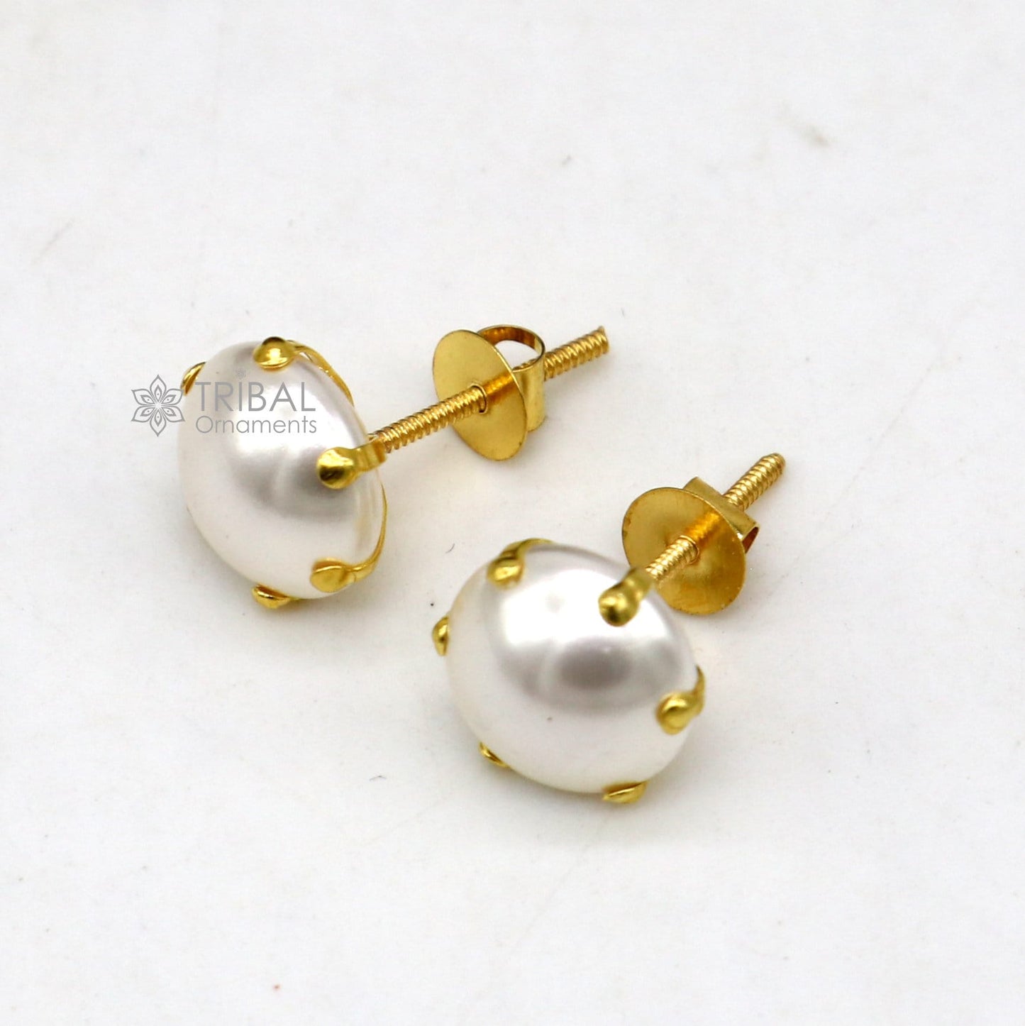 Exclusive round pearl 14kt yellow gold fabulous stud earring for unisex jewelry from india er182 - TRIBAL ORNAMENTS