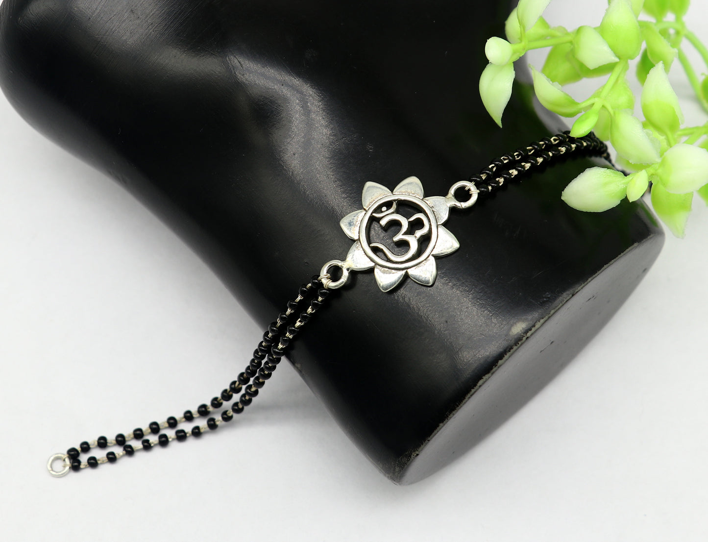 8" 925 Sterling silver customized black beaded 'AUM' Rakhi or bracelet. best gift for your brother's for special personalized gifing rk16 - TRIBAL ORNAMENTS