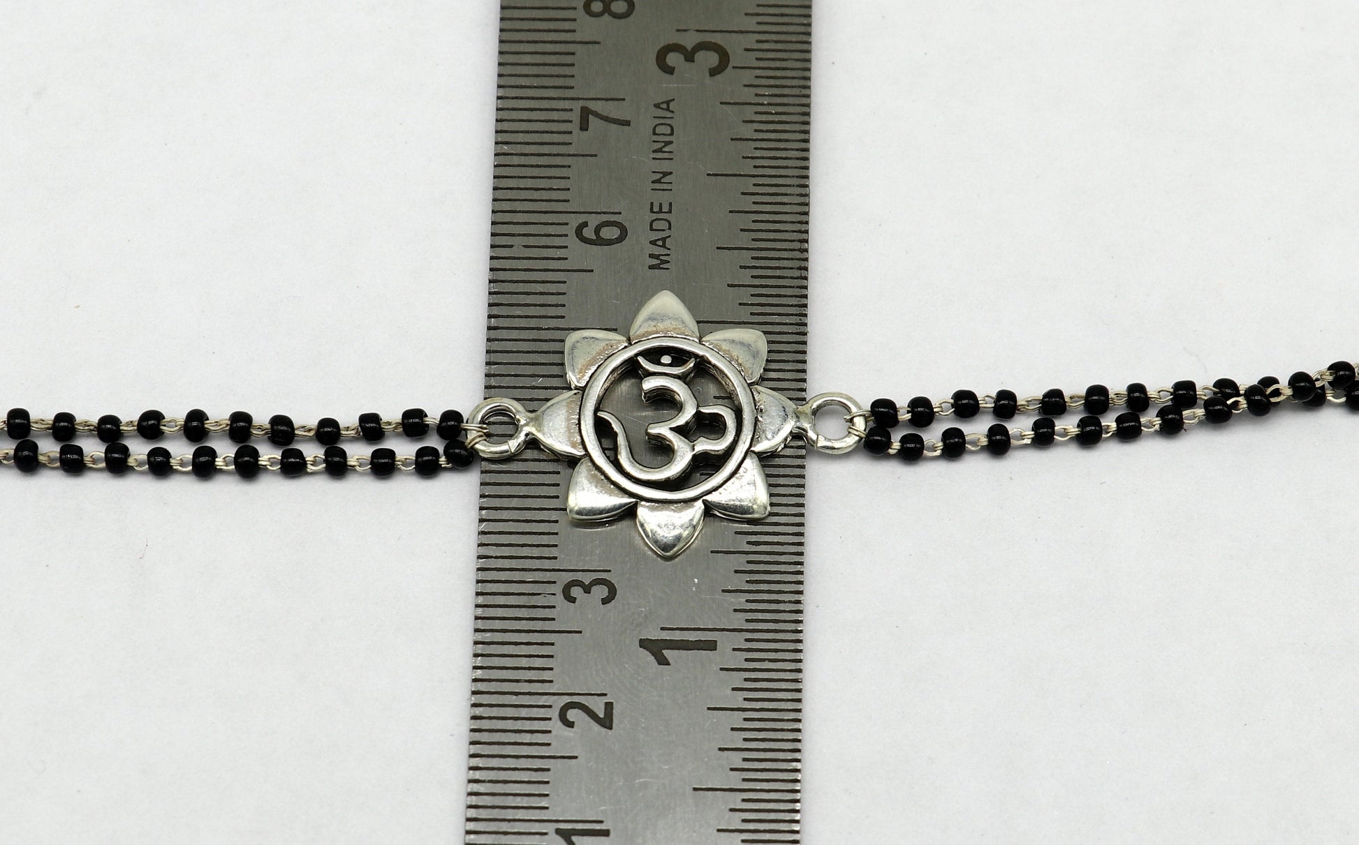 8" 925 Sterling silver customized black beaded 'AUM' Rakhi or bracelet. best gift for your brother's for special personalized gifing rk16 - TRIBAL ORNAMENTS