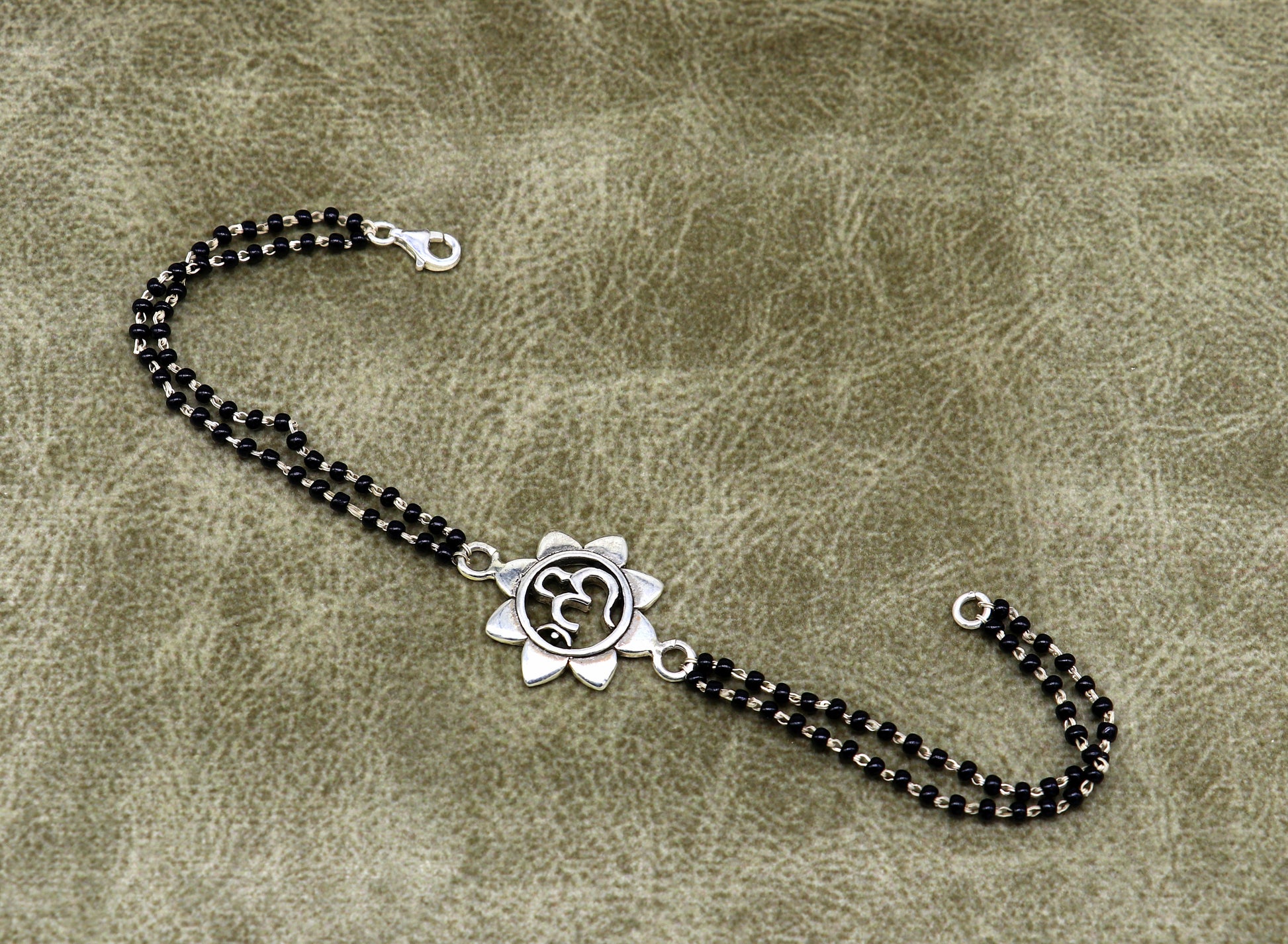 8" 925 Sterling silver customized black beaded 'AUM' Rakhi or bracelet. best gift for your brother's for special personalized gifing rk16 - TRIBAL ORNAMENTS