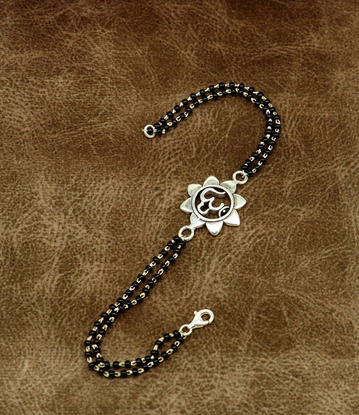 8" 925 Sterling silver customized black beaded 'AUM' Rakhi or bracelet. best gift for your brother's for special personalized gifing rk16 - TRIBAL ORNAMENTS