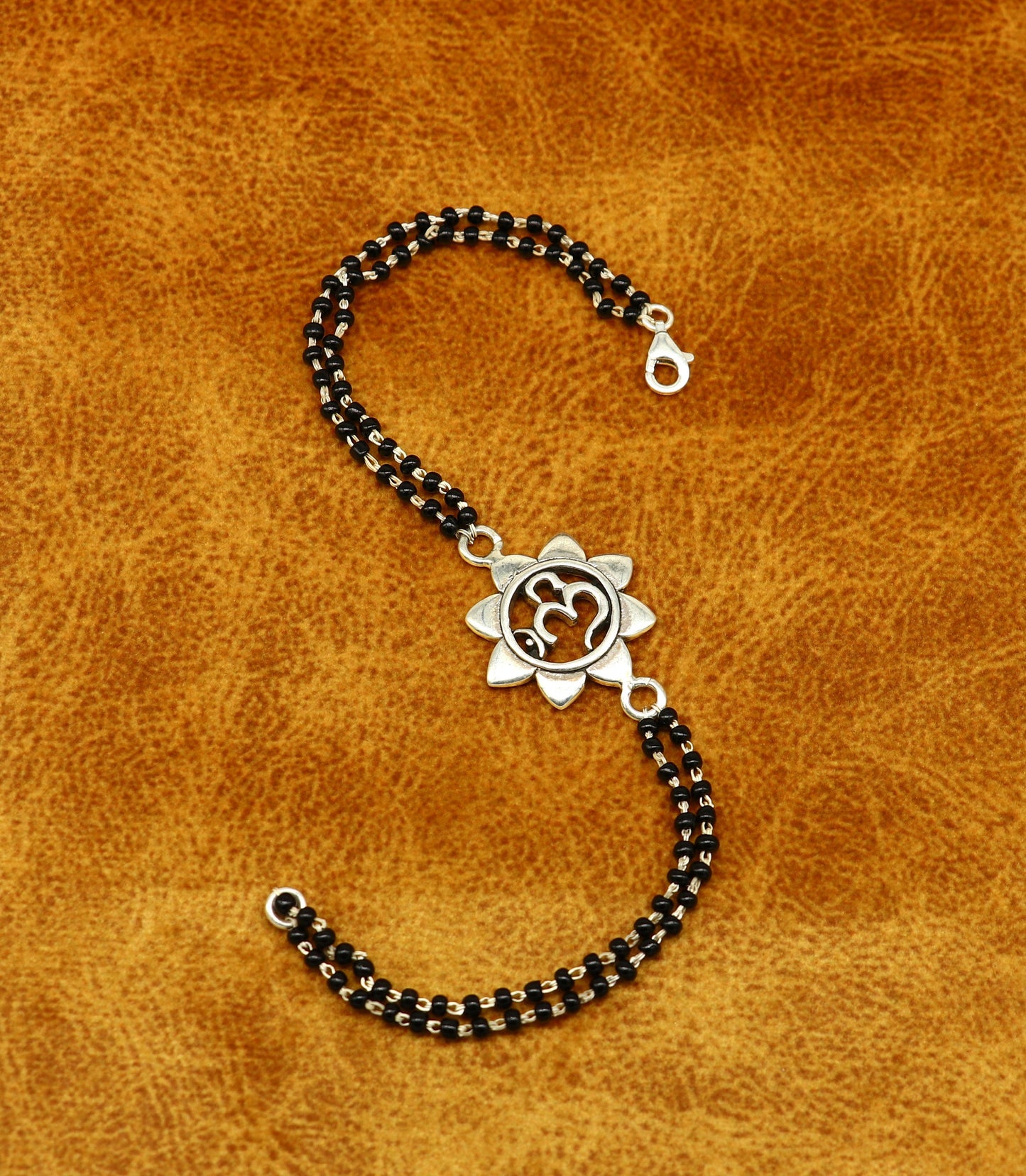 8" 925 Sterling silver customized black beaded 'AUM' Rakhi or bracelet. best gift for your brother's for special personalized gifing rk16 - TRIBAL ORNAMENTS