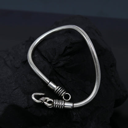 Vintage-style 925 sterling silver snake chain bracelet by TRIBAL ORNAMENTS, unisex handmade tribal jewelry, customizable length.