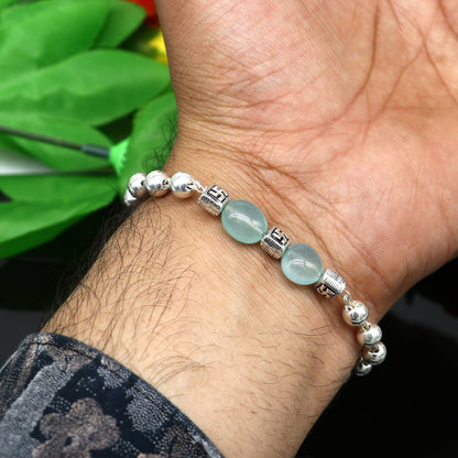 925 sterling silver handmade aqua quartz beaded bracelet, unisex jewelry with vibrant stones and intricate silver accents.