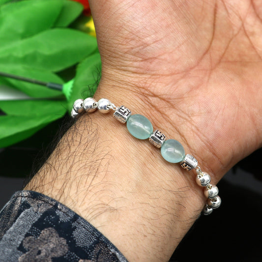 8 inches long 925 sterling silver handmade bracelet, beaded bracelet aqua quartz stone bracelet gorgeous bracelet from india sbr256 - TRIBAL ORNAMENTS