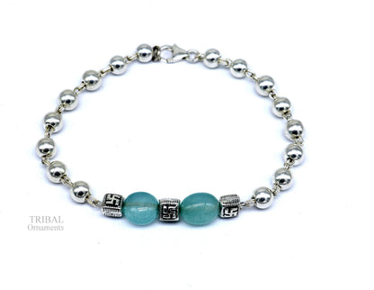 Handmade 925 sterling silver aqua quartz beaded bracelet, unisex jewelry with silver accents from Tribal Ornaments.