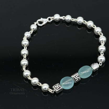 Handmade 925 sterling silver aqua quartz beaded bracelet with unisex design, featuring vibrant blue stones from Tribal Ornaments.