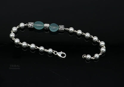 Handmade 925 sterling silver aqua quartz beaded bracelet, unisex jewelry with intricate silver accents from Tribal Ornaments.