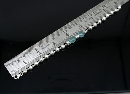 Handmade 925 sterling silver aqua quartz stone beaded bracelet from Tribal Ornaments, unisex jewelry, 6-inch length