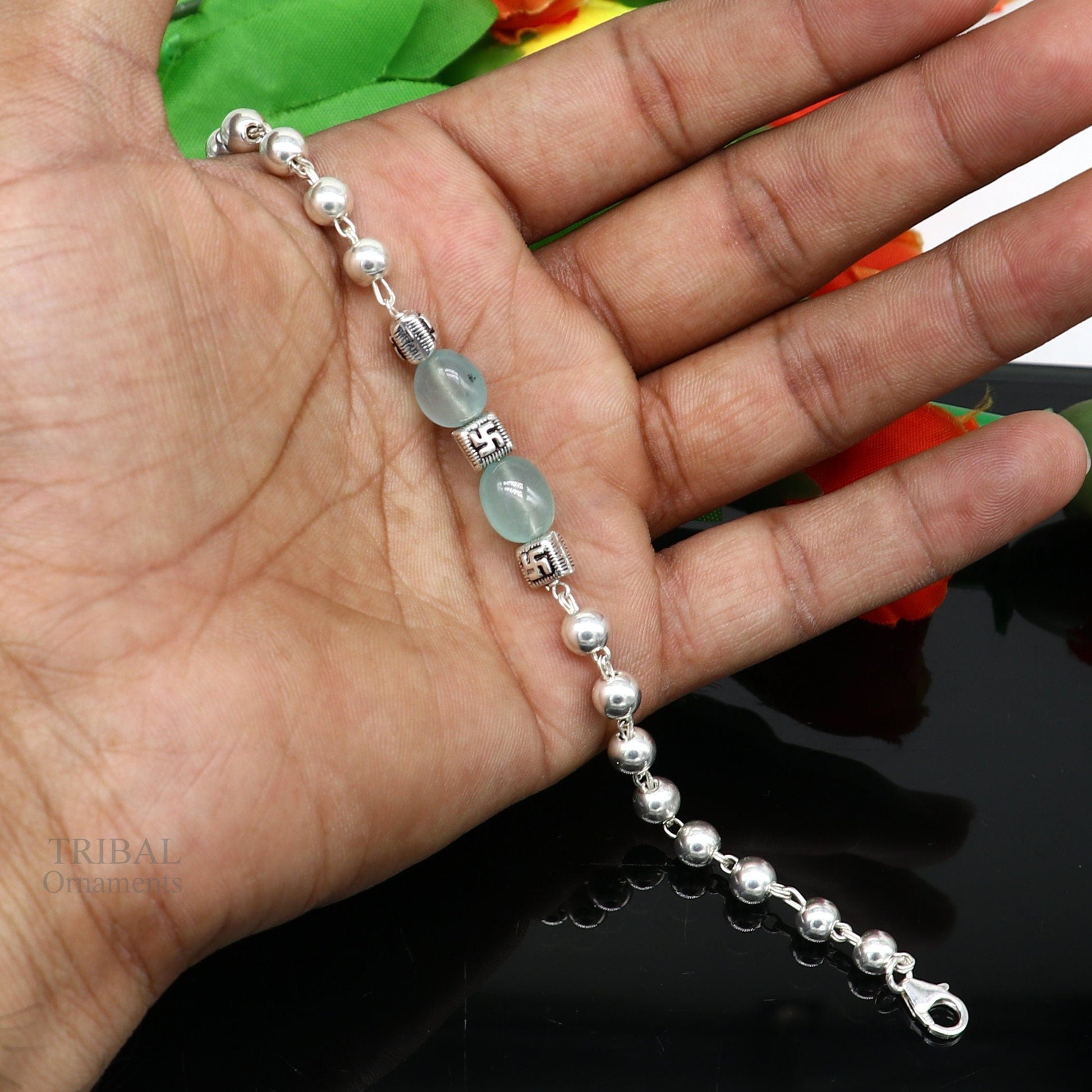 8 inches long 925 sterling silver handmade bracelet, beaded bracelet aqua quartz stone bracelet gorgeous bracelet from india sbr256 - TRIBAL ORNAMENTS