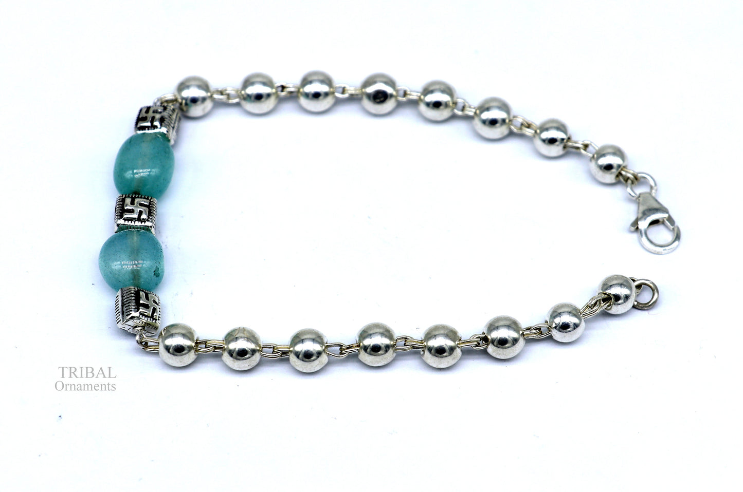 8 inches long 925 sterling silver handmade bracelet, beaded bracelet aqua quartz stone bracelet gorgeous bracelet from india sbr256 - TRIBAL ORNAMENTS