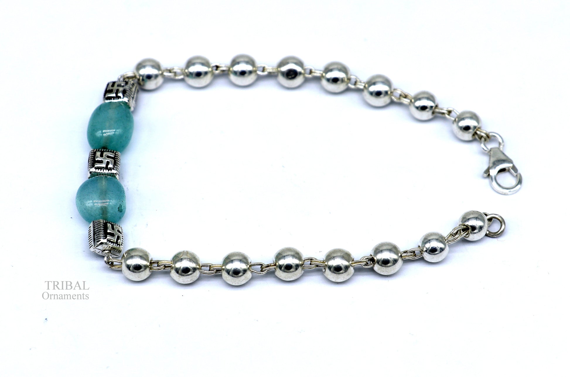 8 inches long 925 sterling silver handmade bracelet, beaded bracelet aqua quartz stone bracelet gorgeous bracelet from india sbr256 - TRIBAL ORNAMENTS