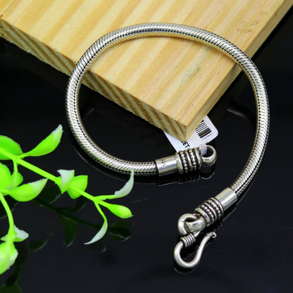 Sterling silver handmade snake chain bracelet, flexible unisex jewelry, customized tribal design, perfect for personalized gift.