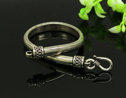 Sterling silver handmade snake chain bracelet with D-shape design, customizable, 6 to 8.5 inches, personalized jewelry by Tribal Ornaments.