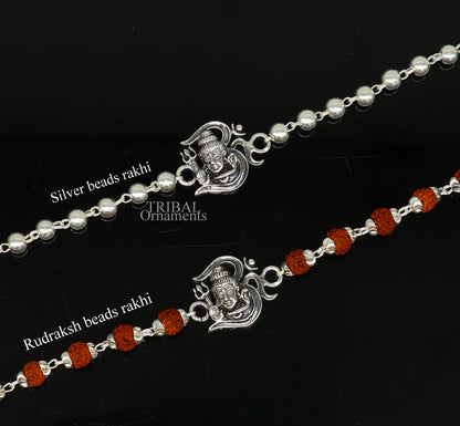 925 Sterling silver Lord Shiva Rudraksha and silver beads bracelet rakhi with intricate design, 6-inch tribal ornament.
