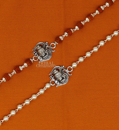 925 Sterling silver Lord Shiva Rudraksha and silver beads bracelet rakhi with intricate design and traditional craftsmanship.