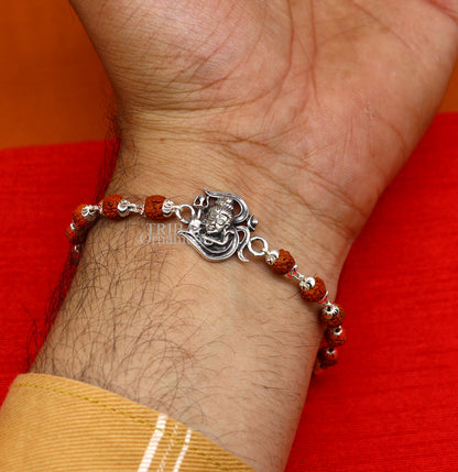 925 Sterling silver Lord Shiva Rudraksha and silver beads bracelet rakhi with intricate design, 6-inch TRIBAL ORNAMENTS jewelry.