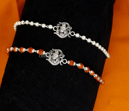 Sterling silver Lord Shiva Rudraksha bracelet with silver beads, 6-inch tribal-designed Rakhi from TRIBAL ORNAMENTS.
