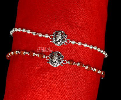 925 Sterling silver Lord Shiva Rudraksha and silver beads bracelet rakhi with intricate design, crafted by TRIBAL ORNAMENTS.