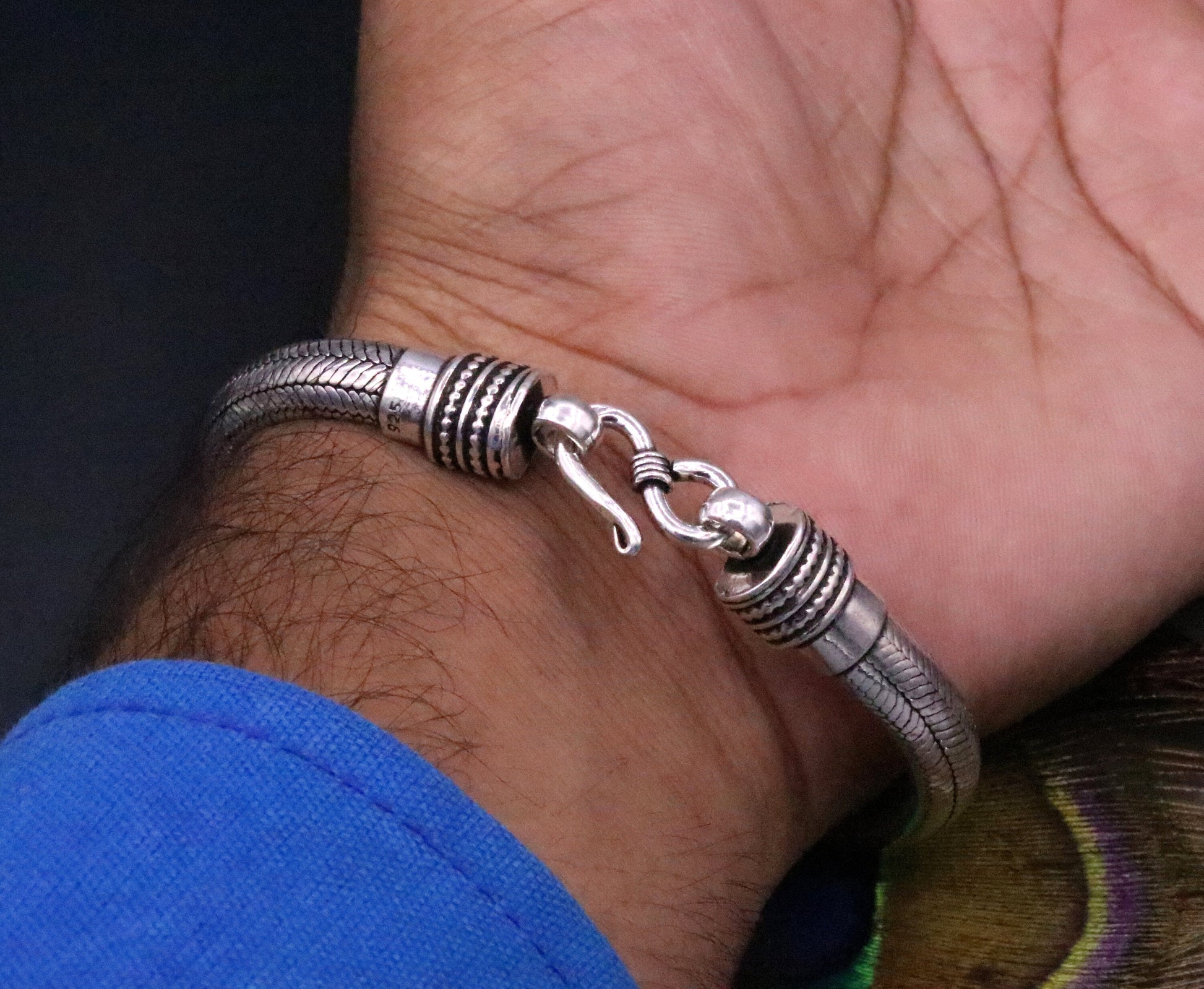 Vintage style 925 Sterling silver wheat chain bracelet with half-round 'D' shape, unisex, handmade jewelry from Tribal Ornaments.