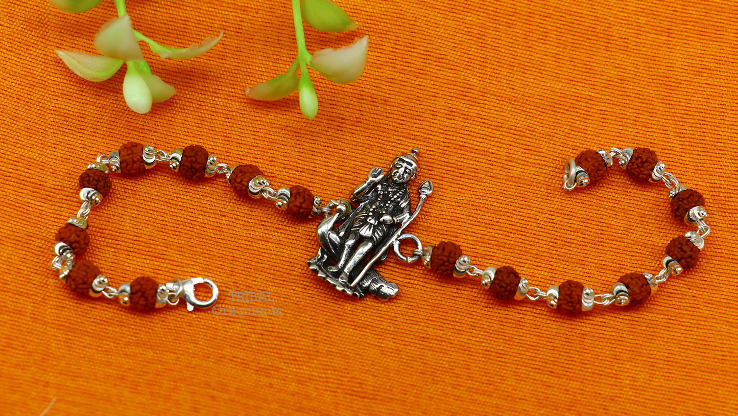 Sterling silver divine Lord Kartikeya beads bracelet with Rudraksh design, crafted by TRIBAL ORNAMENTS, elegant jewelry accessory.