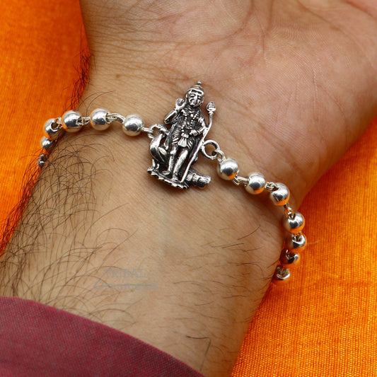 925 sterling silver Rakhi bracelet featuring Lord Kartikeya design with beads and Rudraksh accents, elegant tribal jewelry by Tribal Ornaments