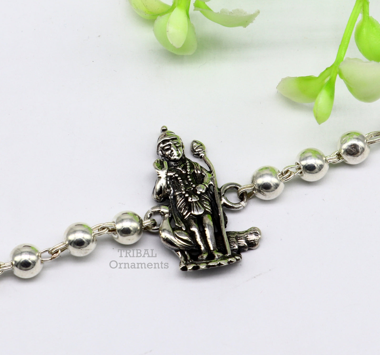 925 sterling silver Rakhi bracelet featuring Lord Kartikeya divine design with beads, vintage-inspired jewelry by Tribal Ornaments