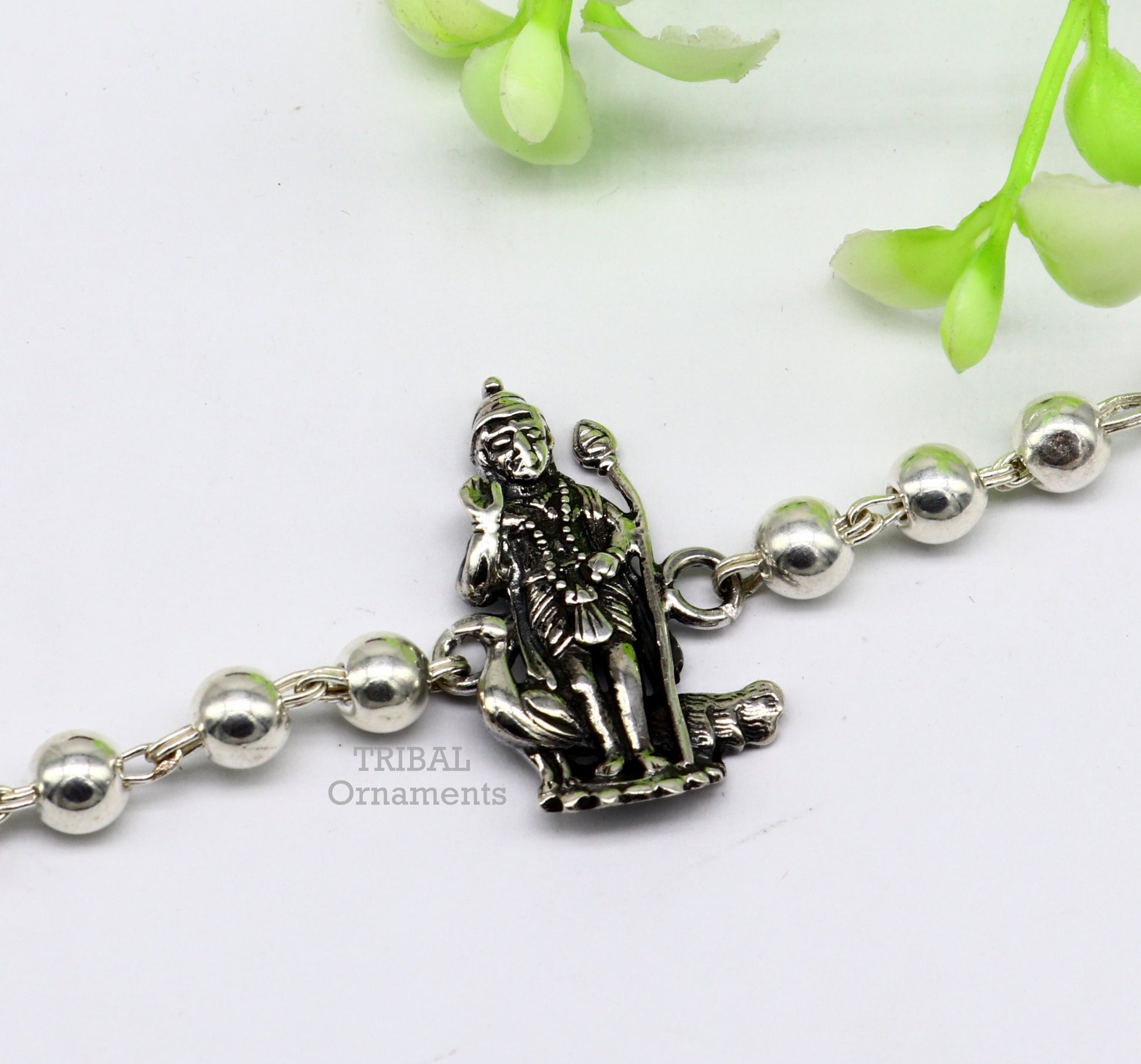 925 sterling silver Rakhi bracelet featuring Lord Kartikeya divine design with beads, vintage-inspired jewelry by Tribal Ornaments