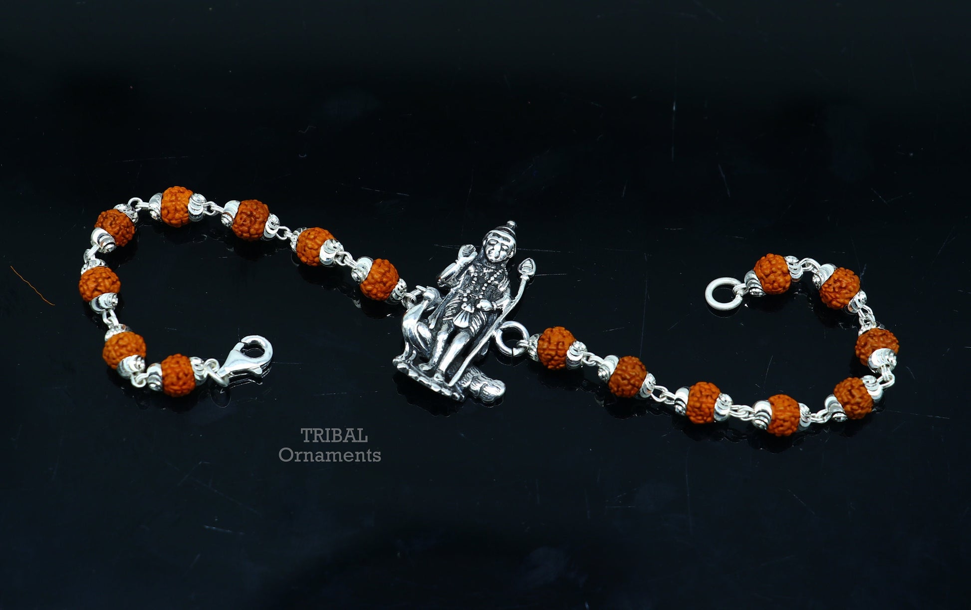 925 sterling silver Divine Lord Kartikeya design beads bracelet by Tribal Ornaments featuring Rudraksh and vintage silver jewelry.